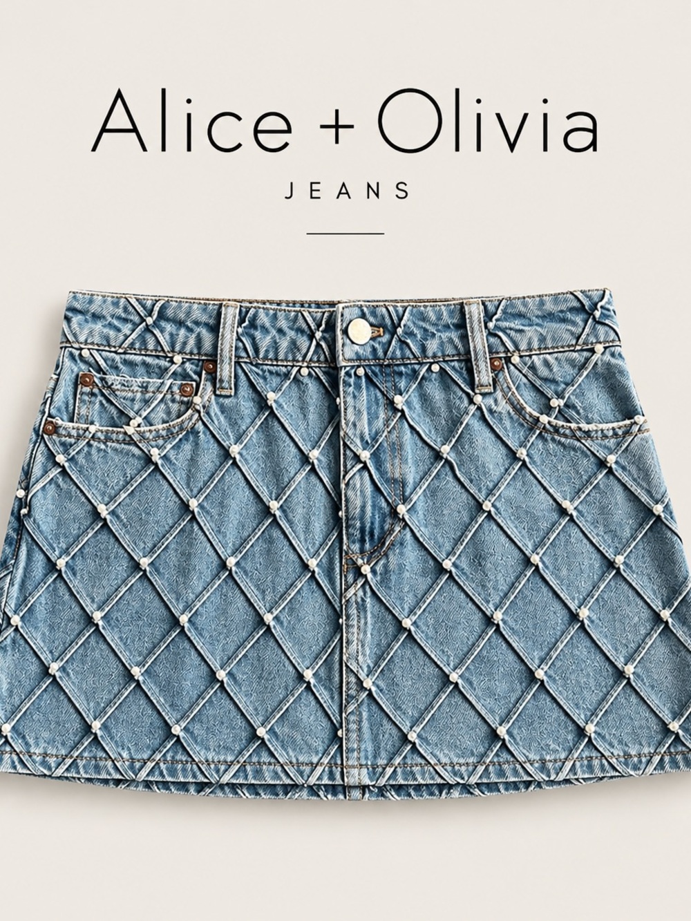 Alice + Olivia Light Blue Pearl-Embellished Quilted Denim Mini Skirt - Picture 1 of 5